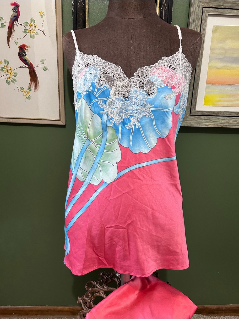 Floral Lace Trim Natori set pajamas  - Pink & Blue